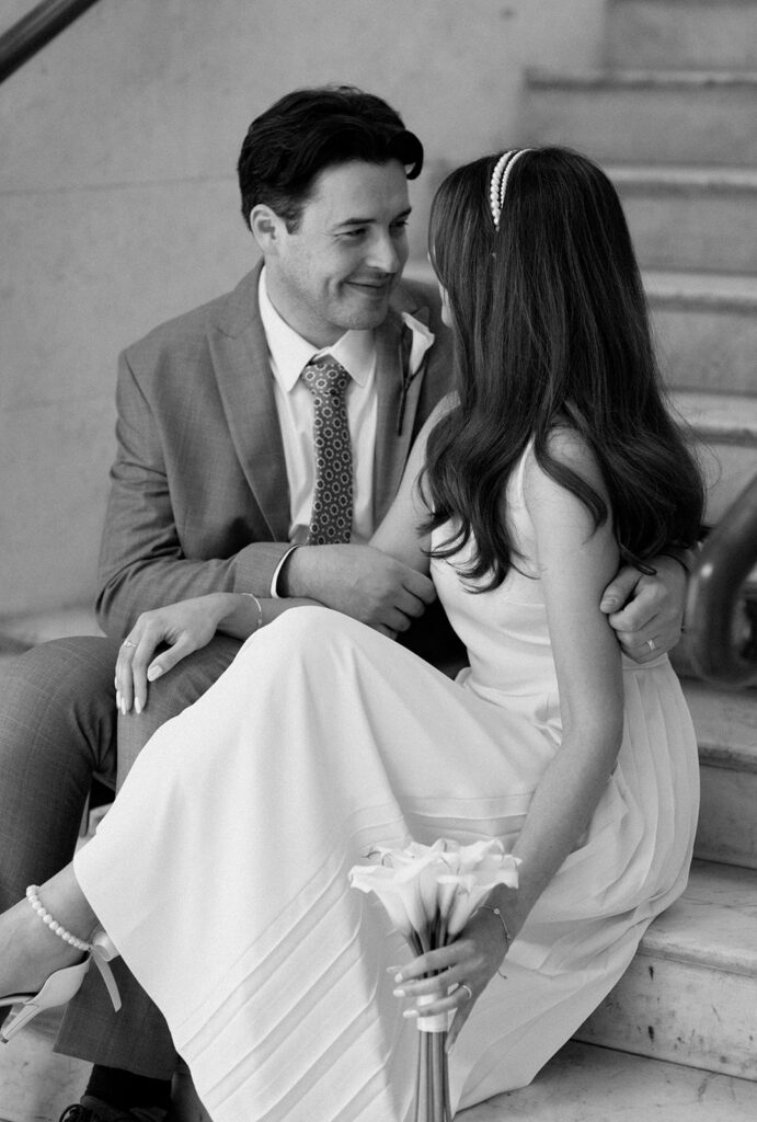 Black and white wedding portrait of a newly married couple in London