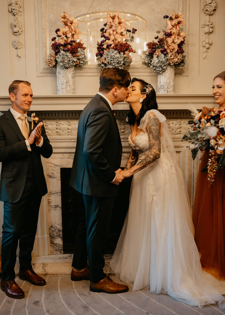 Wedding ceremony first kiss at Marylebone Town Hall