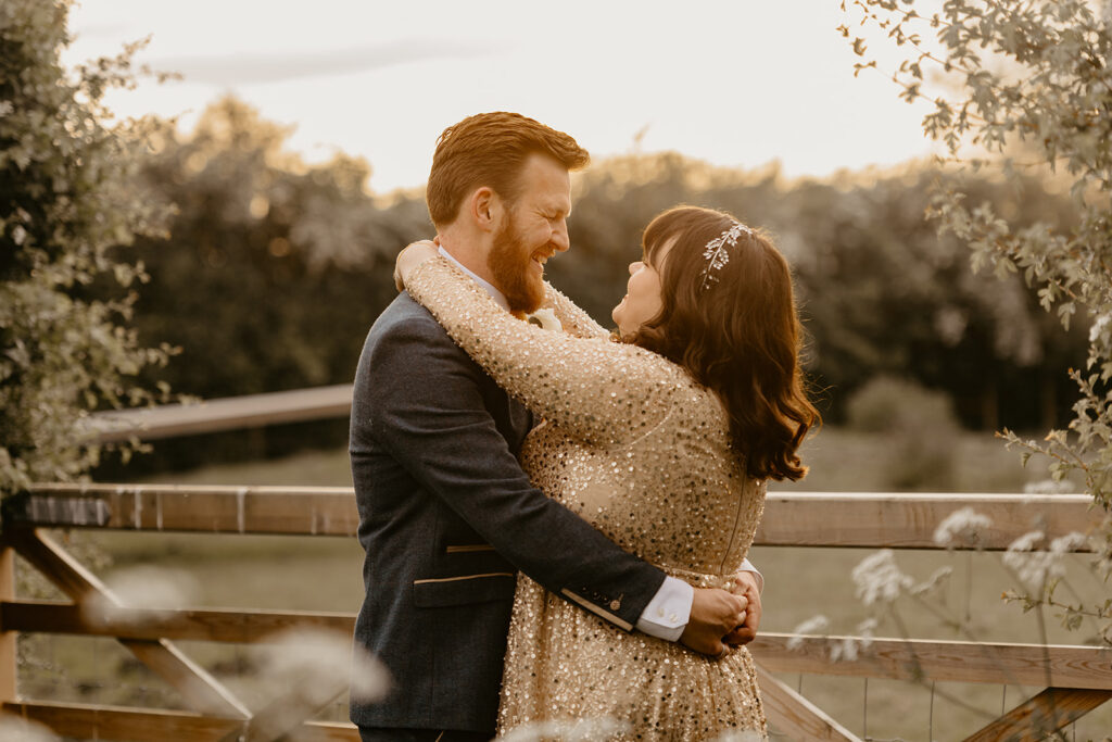 Golden hour sunset at a South Farm Barn wedding