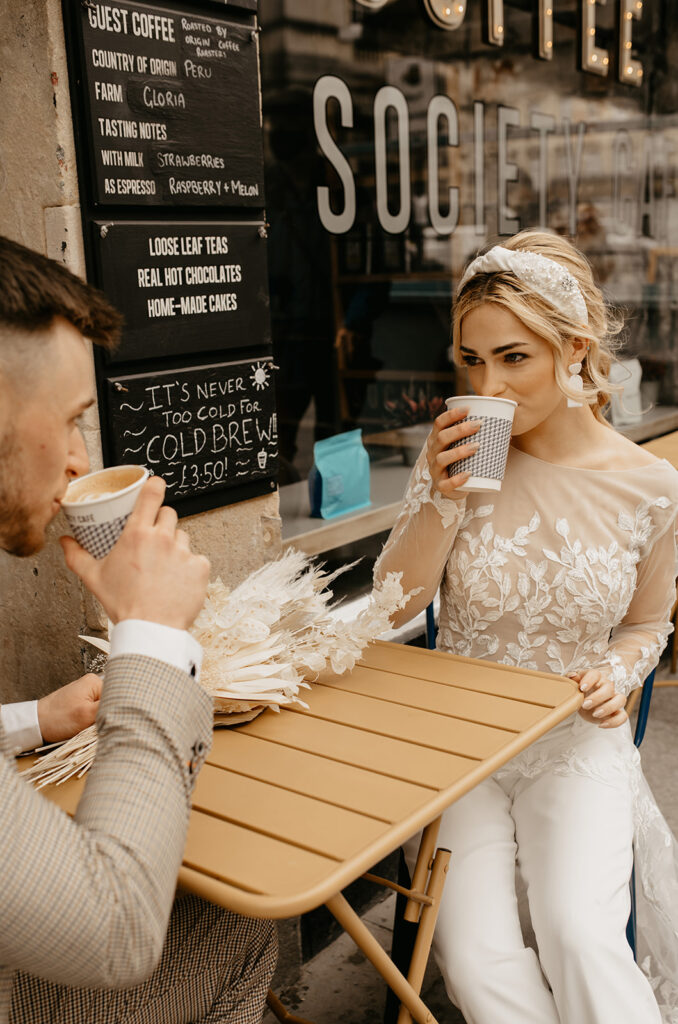 Relaxed Bath elopement photography at a cafe