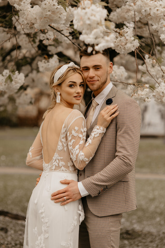 Bath wedding photography with white spring blossoms