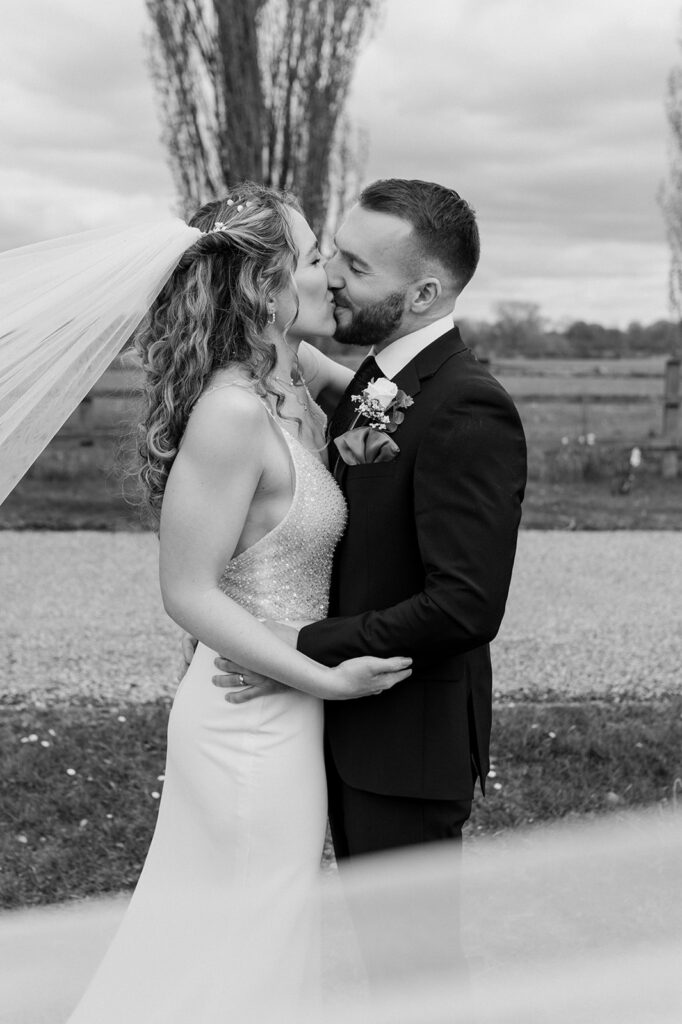 Black and white wedding portrait at Lillibrooke Manor