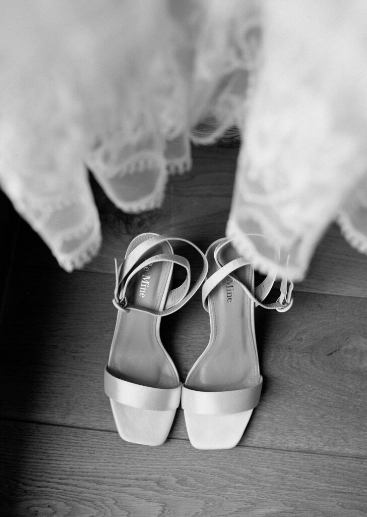 Black and white photo of bridal heels