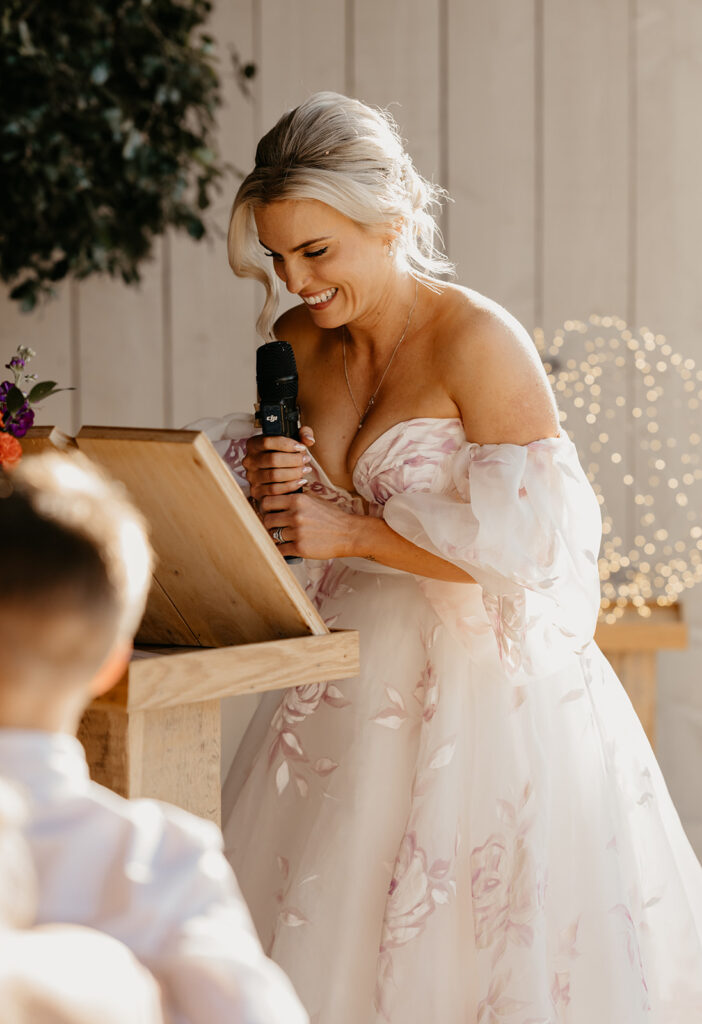 The bride giving a speech at her Primrose Hill Farm wedding